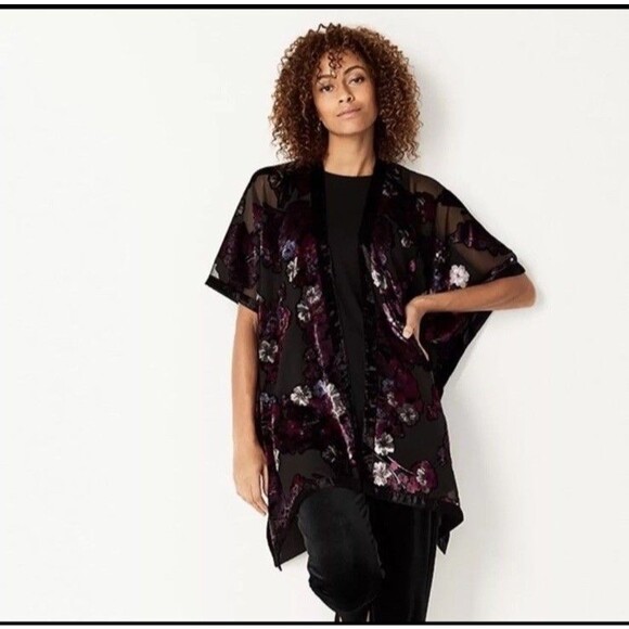 J. JILL Sheer Floral Velvet Burnout Kimono Top Multicolor Fairy Whimsigoth‎ - Picture 1 of 6